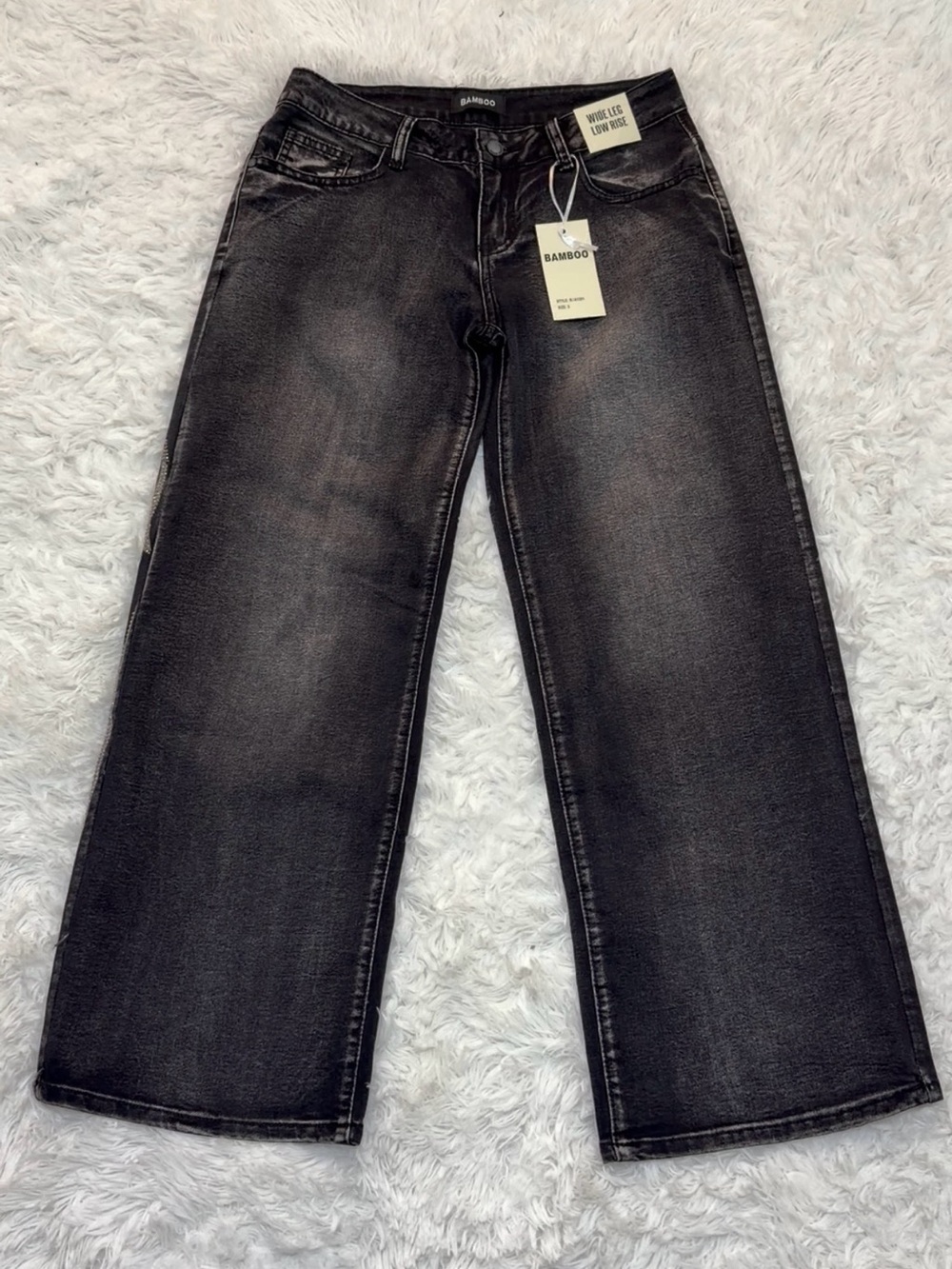 BAMBOO Black Wash Wide-Leg Low Rise Women’s Jeans. Shimmery Flame Design.